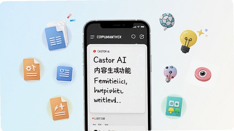 Castor AI �������ɹ���չʾ���ֻ���Ļ�г����ı����ɽ������Χ�������ĵ�ͼ���봴����ţ�����Ϊǳɫ���䣬���廭���������£����ָ�Ч������Χ