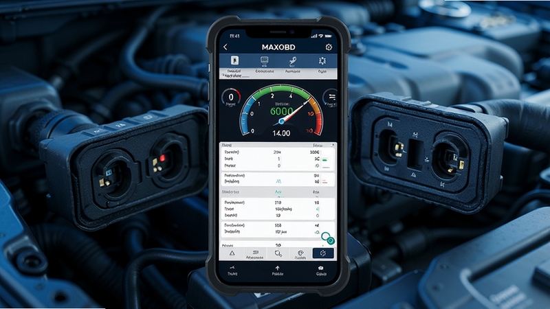 MAXOBD ������Ϲ���������չʾ����������Ϊ�ֻ���Ļ��ʾʵʱ�������Ǳ��̣�����Ϊ��������������OBD�ӿ���д���Ƽ���ɫ��������дʵ���