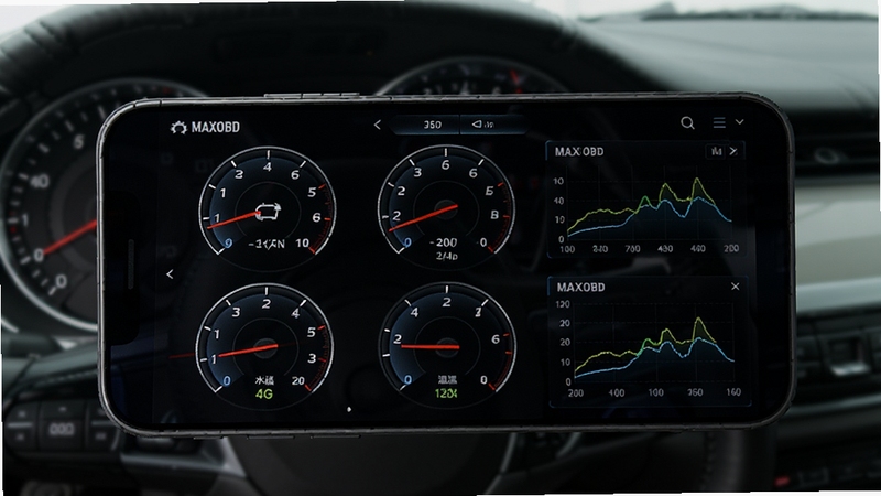 MAXOBD ʵʱ��������ؽ��棬�ֻ���Ļ��ʾ���Բ���Ǳ����붯̬����ͼ�������а���������ת�١�ˮ�µ����ݣ�����Ϊģ���������Ǳ�̨���Ƽ���ʮ��