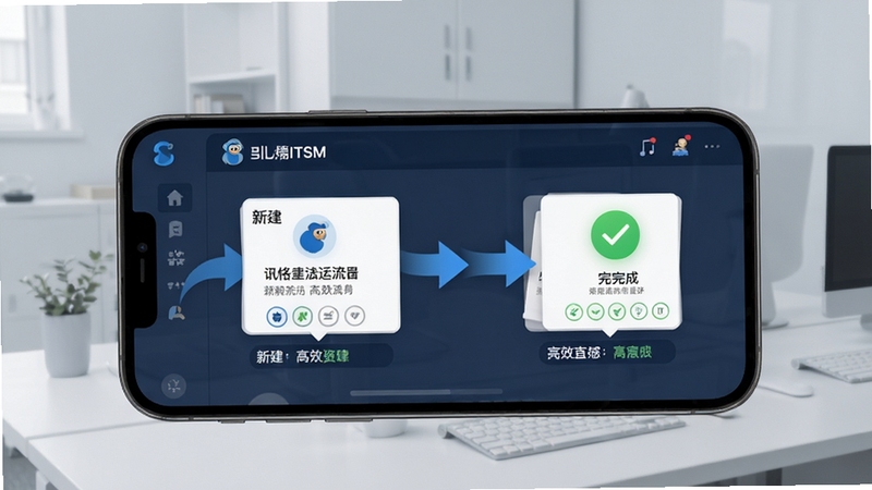 蓝猴ITSM工单流转界面展示,手机屏幕中呈现工单卡片从新建到完成的流程箭头,画面主体为手机与流程节点,背景为柔和的浅灰办公环境,突出服务请求高效流转的概念