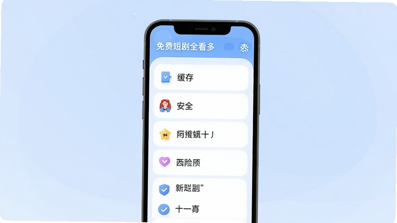 免费短剧全看多 问答界面示意图,画面展示手机屏幕中常见问题列表,包括缓存、安全、付费等条目,背景为淡蓝色渐变,风格清新友好