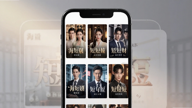免费短剧全看多 海量短剧资源库界面预览图,画面主体为手机屏幕展示多个短剧海报排列,海报包含古装、都市等不同风格封面,背景有柔和光影,突出资源丰富感