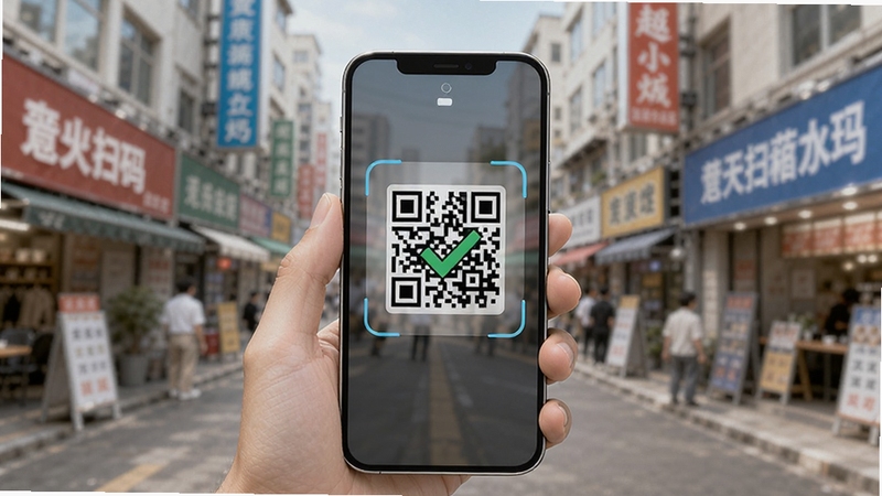 画面中央一部智能手机竖直握持,屏幕显示二维码扫描取景框和绿色识别成功对勾,背景为虚化的城市街道与商铺招牌,整体色调明亮清爽,突出二维码一键扫码的便捷感与科技感