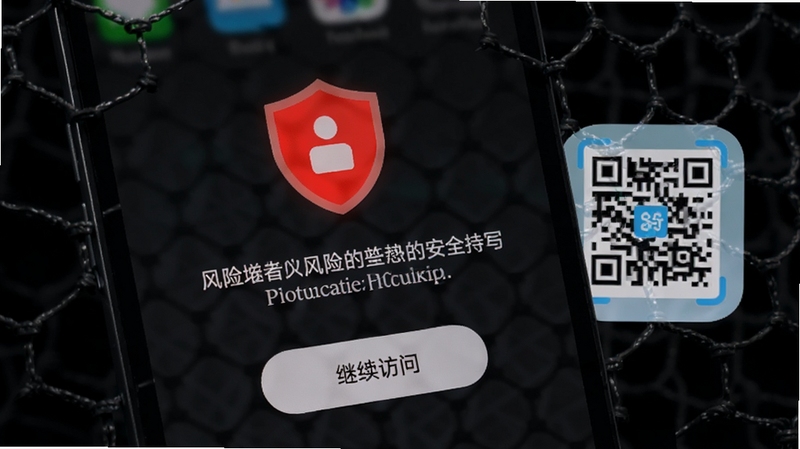 手机屏幕弹出红色盾牌安全警告图标,下方显示风险链接提示文字和继续访问按钮,背景为暗色防护网纹理,画面右侧隐约展示二维码一键扫码的软件图标
