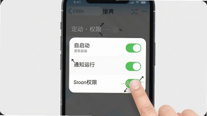 定时备忘软件权限设置操作示意图,画面展示手机屏幕中应用权限管理页面,有自启动、后台运行、通知权限等开关选项,旁边有手指点击操作的示意,背景为简洁浅灰色,适配Boogu模型生成