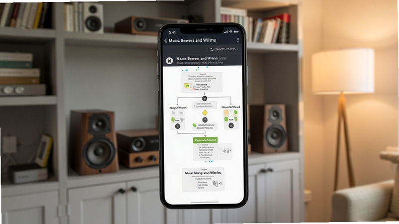 Music Bowers and Wilkins �������Ľ��棬�ֻ���Ļ��ʾ�����Ų�����ͼ��ָʾ��״̬˵��������Ϊǳ��ɫ����������豸����ܰ�鷿�������������