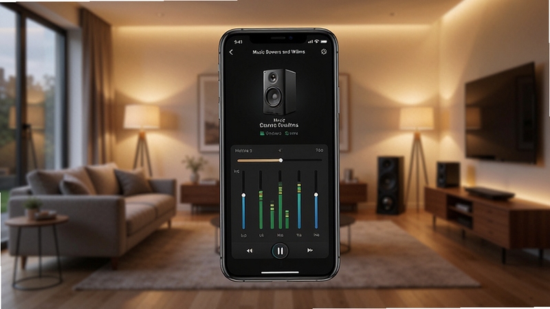 Music Bowers and Wilkins Ӧ�ý���չʾ����������Ϊ�ֻ���Ļ��ʾ��������״̬�������������壬����Ϊ�ִ��Ҿӿ���������ůɫ���ƹ⣬����дʵ���ͻ�����ܿ�����߶�������ں�