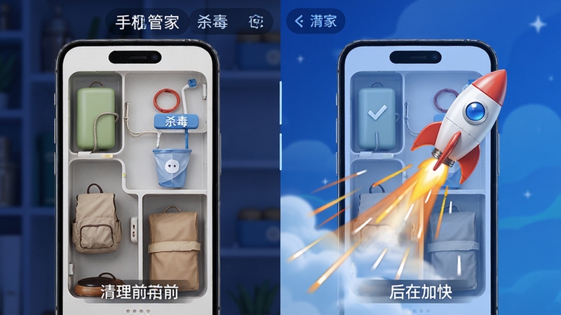 手机管家杀毒内存加速功能可视化界面,画面展示手机内部空间被清理前后的对比效果,有火箭升空和速度线元素,突出加速带来的轻快感,包含手机管家杀毒名称