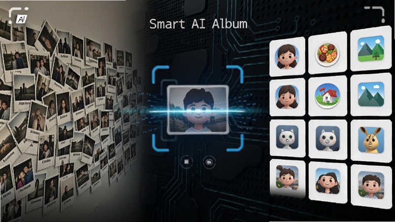 Smart AI Album 智能分类功能展示图,画面中央为AI扫描照片的动态光效,左侧显示原始杂乱照片墙,右侧显示已经分好类的整齐相册格子,包含人物头像、食物、风景等图标,背景为深色科技纹理,突出AI识别过程,适配Boogu模型生成