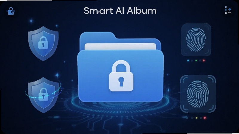 Smart AI Album 私密相册加密界面,画面中央为带锁图标的相册文件夹,周围环绕盾牌与指纹识别元素,背景为深蓝色安全主题,突出隐私保护氛围,适配Boogu模型生成