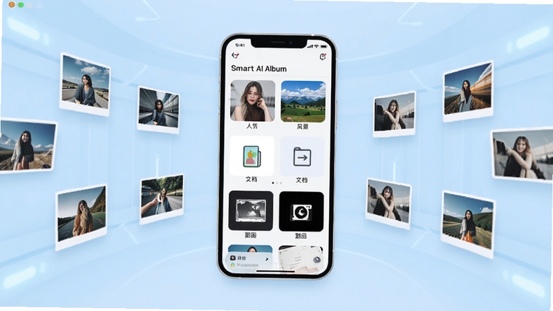 Smart AI Album 软件主界面全景展示,画面中央为手机屏幕悬浮展示智能相册分类界面,包含人物、风景、文档、截图等分类标签,背景为浅蓝色渐变科技感空间,四周点缀照片缩略图环绕,整体风格简洁明亮,适配Boogu模型生成