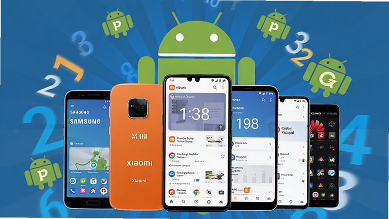 Smart AI Album 兼容性展示图,画面中央为多台不同品牌手机排列展示应用运行界面,包含三星、小米、华为等机型轮廓,背景为安卓机器人图标与版本号数字环绕,风格简洁明快,适配Boogu模型生成