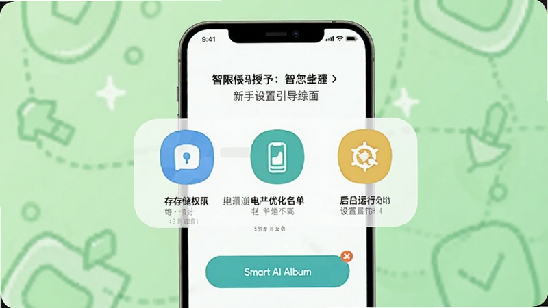Smart AI Album 新手设置引导界面,画面中央为手机屏幕显示权限授予步骤,包含存储权限、电池优化白名单、后台运行设置三个图标,背景为浅绿色清新风格,突出操作引导,适配Boogu模型生成