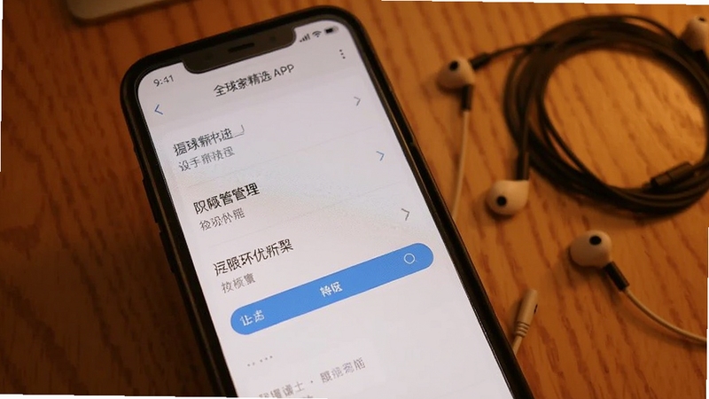 全球家精选APP在手机上的设置页面截图,画面主体为手机屏幕显示的权限管理选项,背景为木质桌面与耳机线,整体色调偏暖,风格写实,突出上手设置与权限管理场景