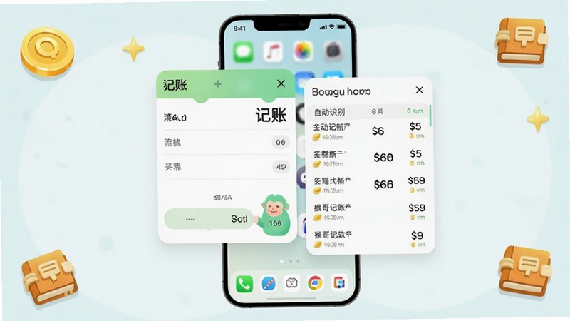 猴哥记账软件主界面全貌展示,画面中央为记账悬浮窗与自动识别流水列表,背景为浅色系手机桌面,四周点缀金币与账本图标,整体风格简洁明快,适配Boogu模型生成