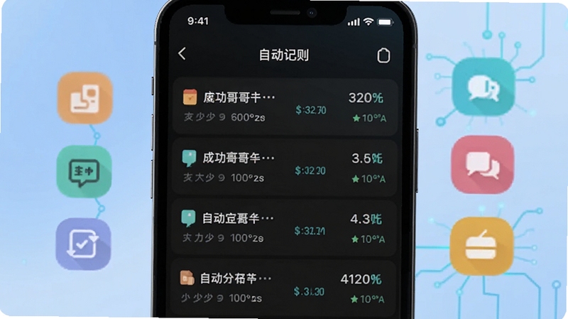 猴哥记账自动记账功能界面截图风格,画面中手机屏幕显示多条自动识别成功的流水记录,旁边有智能标签分类图标,背景为柔和渐变蓝色,突出科技感与便捷性