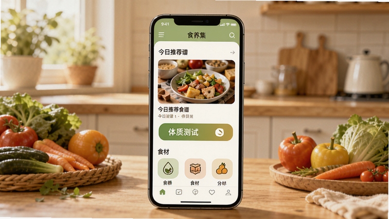 食养集应用主界面展示,画面中央为手机屏幕,屏幕上呈现食养集APP的首页,包含今日推荐食谱、体质测试入口和食材分类图标,背景为温馨的厨房场景,有新鲜蔬果和木质桌面,整体色调温暖柔和,光线明亮自然,细节清晰,适合Boogu模型生成