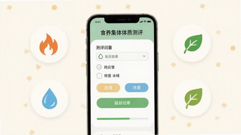 食养集体质测评页面,手机屏幕显示测评问卷界面,有选择按钮和进度条,周围环绕着代表不同体质的图标如火焰、水滴、树叶等,背景为淡雅的米白色,整体风格清新简洁,适合Boogu模型生成