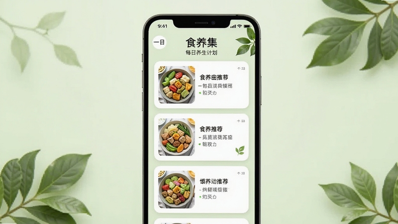 食养集每日养生计划界面,手机屏幕展示一日三餐的食养推荐卡片,每张卡片上有食物图片和简短文字说明,背景为柔和的浅绿色,有植物叶片点缀,整体感觉自然清新,适合Boogu模型生成