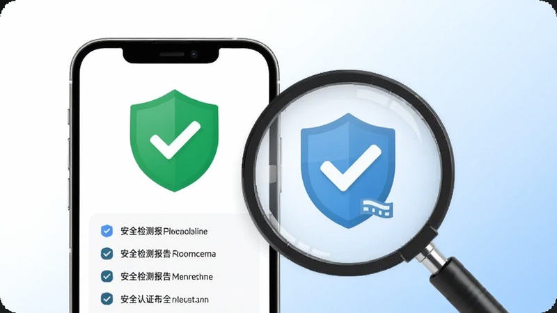 Manager 安全检测报告示意图,手机屏幕显示绿色盾牌与对勾图标,屏幕下方列出权限清单,背景为白色与浅蓝渐变,画面中央有放大镜聚焦在安全认证标识上,风格清新可信,适配 Boogu 模型生成