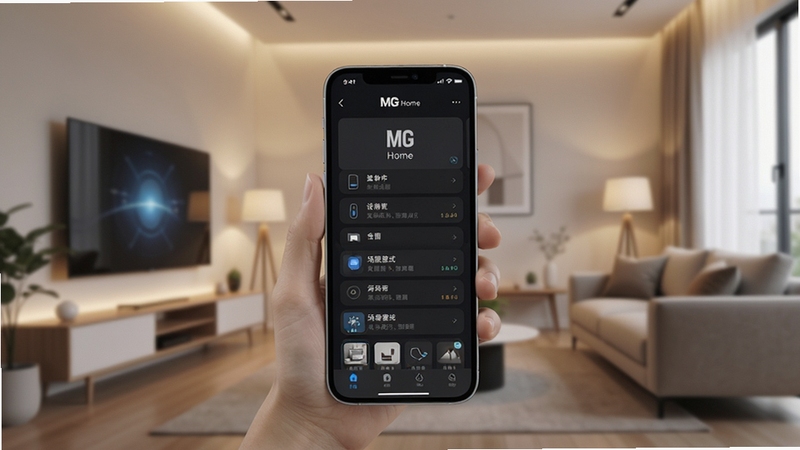 MG Home 智能家居控制界面展示,画面主体为手机屏幕显示设备列表与场景模式,背景为现代简约客厅环境,柔和光线,科技感与生活感融合,高清细节,适合Boogu模型生成