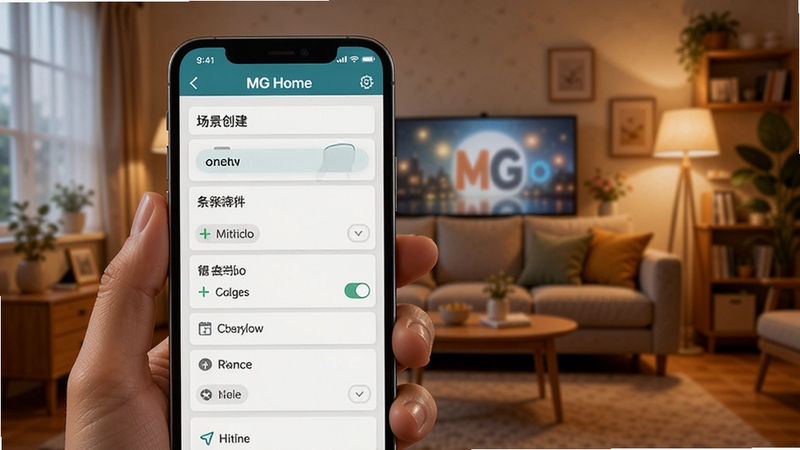 MG Home 智能场景联动设置界面,手机屏幕展示场景创建与条件选项,背景为温馨家庭客厅,暖色调,细节丰富,适合Boogu模型生成