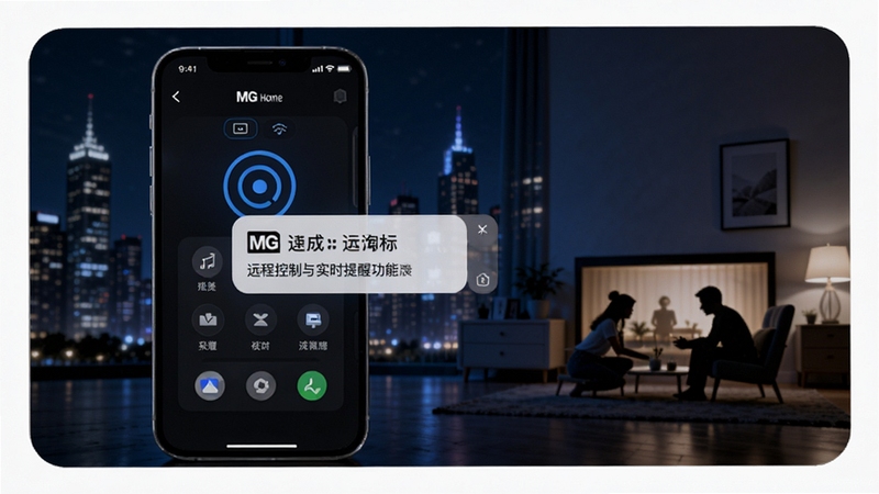 MG Home 远程控制与实时提醒功能展示,手机屏幕显示远程控制界面与通知弹窗,背景为城市夜景与家庭剪影,科技感强,适合Boogu模型生成