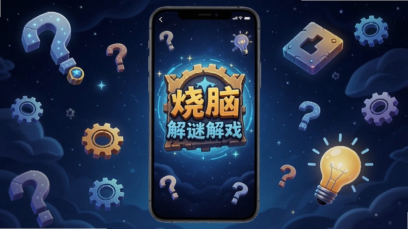 画面中央展示一部智能手机,屏幕上显示最强烧脑解谜游戏主界面,背景是深蓝色星空与漂浮的问号、齿轮、灯泡等解谜元素,整体风格神秘且富有科技感,适配Boogu模型生成