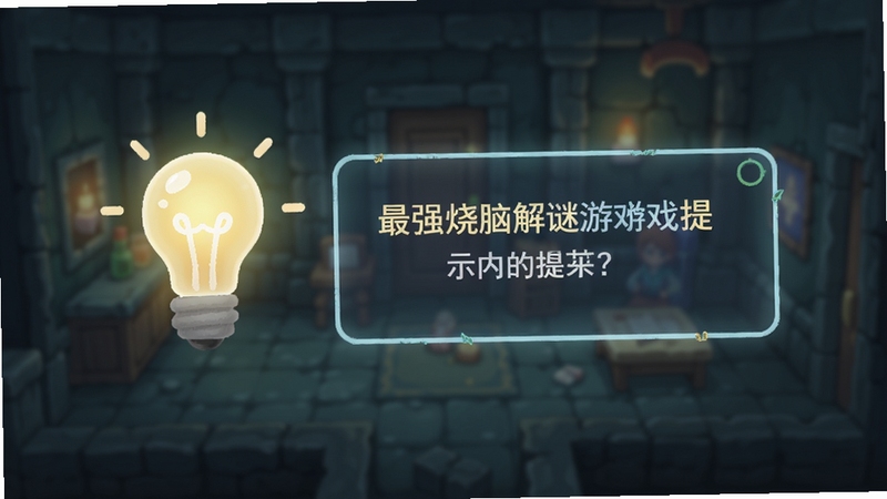 最强烧脑解谜游戏内提示界面,画面中有一个发光的灯泡图标和文字提示框,背景是模糊的关卡场景,整体风格简洁清新,突出帮助与引导的感觉