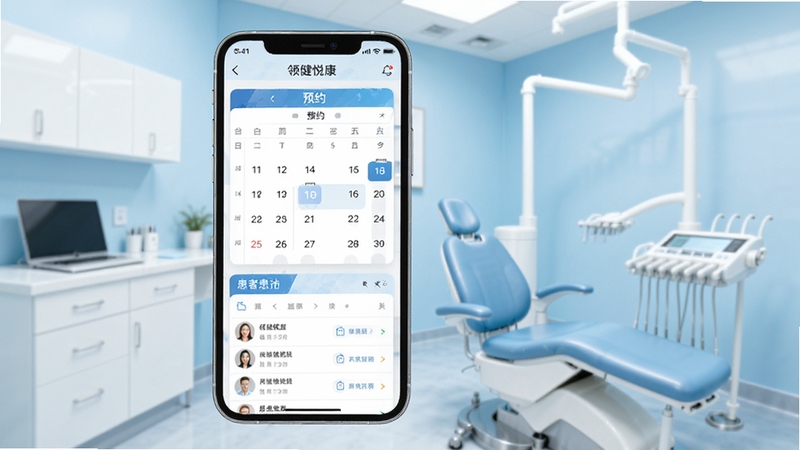 领健悦康移动端口腔诊所管理界面展示,画面中心为手机屏幕显示预约日历与患者列表,背景为明亮整洁的牙科诊室环境,浅蓝色调,简洁商务风格,突出软件核心功能全貌