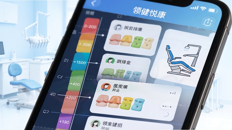 领健悦康预约排班界面特写,手机屏幕显示彩色时间轴与医生排班卡片,画面右侧有牙科椅位图标,背景为柔和蓝白渐变,现代医疗办公风格