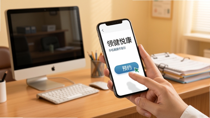 领健悦康手机端操作指引示意图,画面展示手持手机点击预约按钮的动作,背景为诊所前台桌面,有电脑和病历本,暖色调,实用教程风格