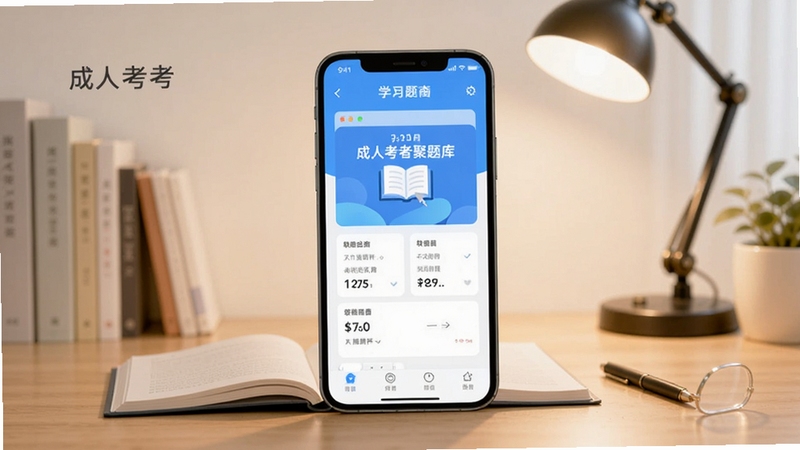 成人高考聚题库软件主界面展示,手机屏幕居中放置,背景为书桌与台灯,画面明亮简洁,突出学习氛围