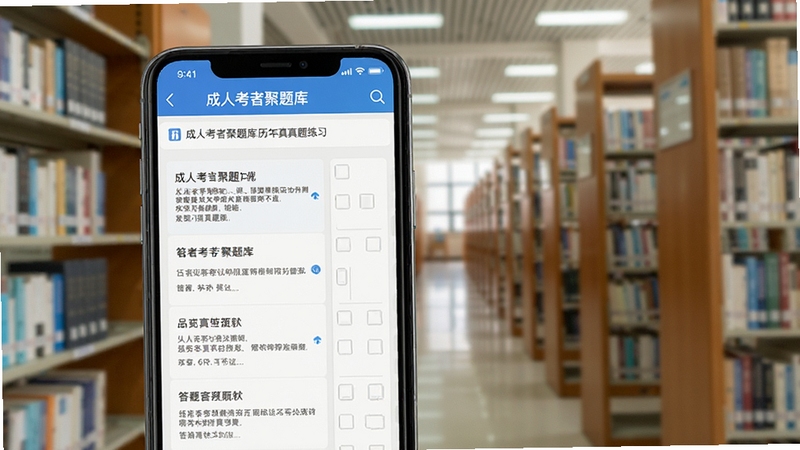 成人高考聚题库历年真题练习界面,手机屏幕显示试卷列表与答题卡,背景为图书馆书架,画面清晰明亮