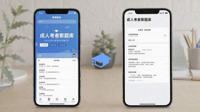 成人高考聚题库在手机上的安装与权限设置步骤示意图,画面包含手机界面与设置选项,背景简洁