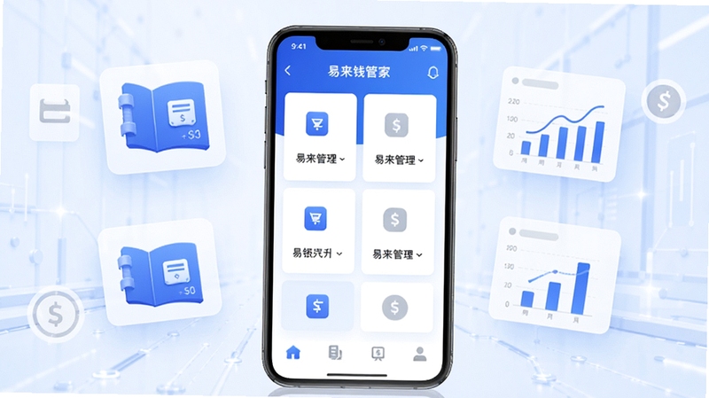 易来钱管家 手机应用主界面展示 财务收银管理工具 简洁卡片式布局 蓝白配色 居中构图 周围环绕账本图标和数据图表元素 背景为浅色渐变科技感空间