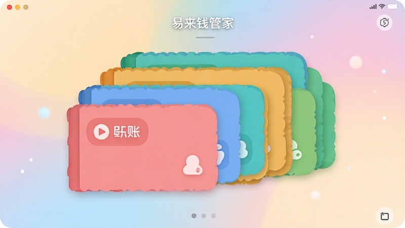 易来钱管家 多账本切换界面 多个彩色账本卡片层叠排列 每张卡片标注不同用途标签 柔和渐变背景 圆角卡片设计 居中展示
