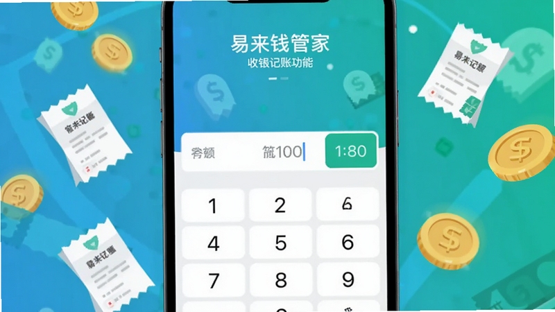 易来钱管家 收银记账功能界面 手机屏幕显示数字键盘和金额输入框 周围漂浮金币和账单图标 蓝绿色调 简洁扁平化风格 居中特写构图