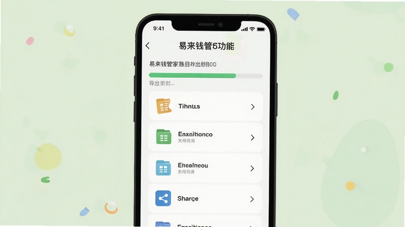 易来钱管家 账目导出功能 手机屏幕显示导出进度条和文件列表 表格图标和分享按钮 浅色背景 扁平化插画风格 居中构图