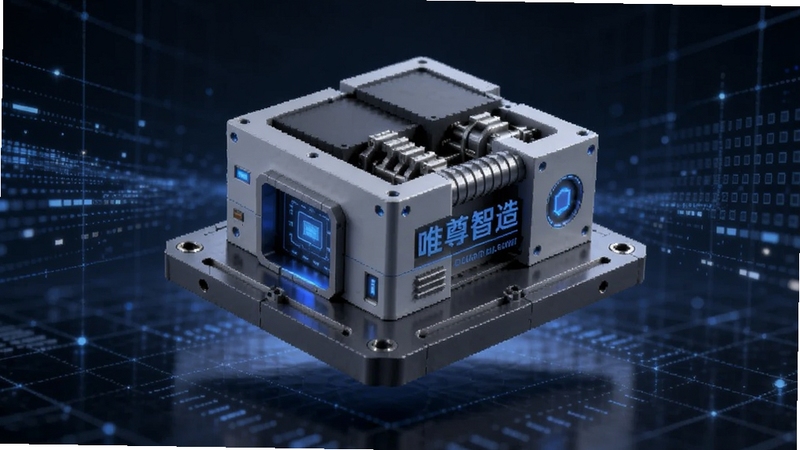 软件名称唯尊智造,画面主体为悬浮在画面中央的3D工业设计模型,背景区域为深蓝色科技感网格与数据流光效,整体呈现智能制造的未来感与专业感,模型细节清晰,光影层次丰富