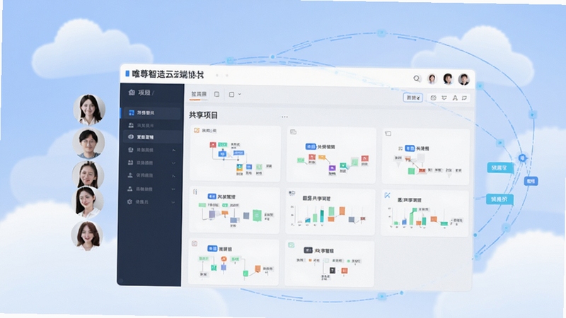 唯尊智造云端协作界面,画面主体为多人头像与共享项目看板,背景区域为柔和的蓝白渐变云朵与数据连接线,体现团队高效协同与版本管理的有序性