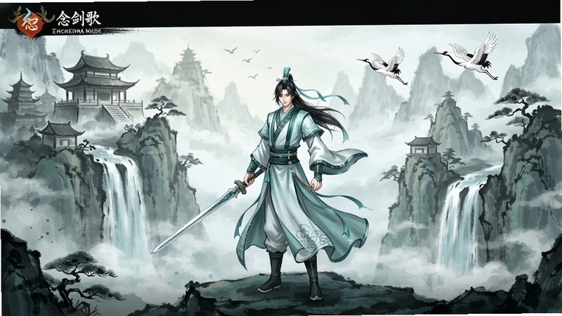一念剑歌游戏主界面全景展示,画面中央为身着青白色仙侠服饰的主角持剑而立,背景为云雾缭绕的仙山楼阁与飞瀑流泉,远处有仙鹤飞过,整体色调为水墨丹青风格,唯美大气