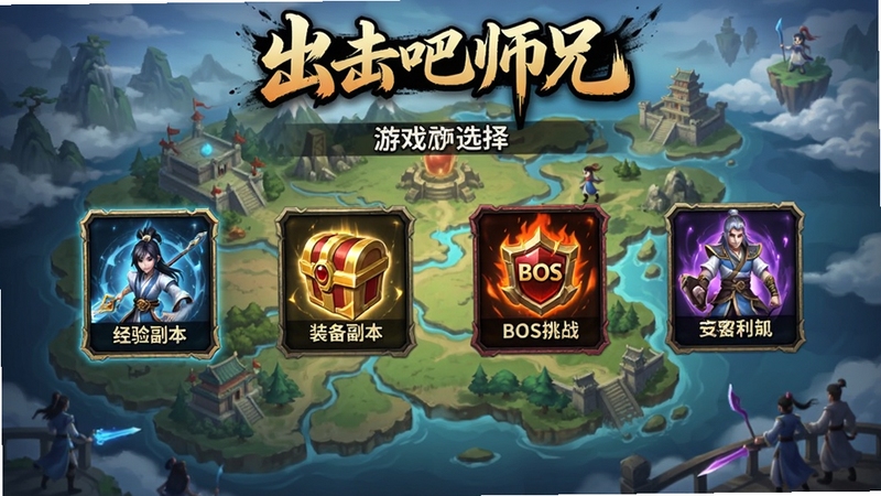 游戏副本选择界面,展示多个副本入口图标,如经验副本、装备副本、BOSS挑战等,背景为动态的仙侠地图,出击吧师兄的标题位于顶部,界面风格简洁明快