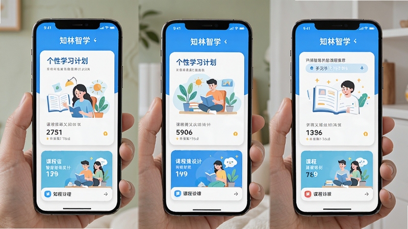 知林智学智能课程推荐界面,手机屏幕显示个性化学习计划与课程卡片,明亮的蓝白配色,整洁的卡片式布局,学习场景插画风格
