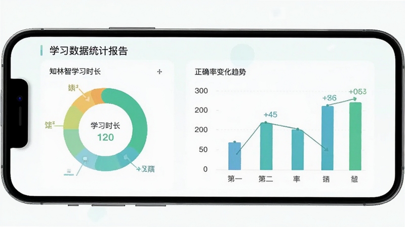 知林智学学习数据统计报告界面,手机屏幕展示环形图与柱状图,显示学习时长和正确率变化趋势,清新浅色背景,扁平化设计
