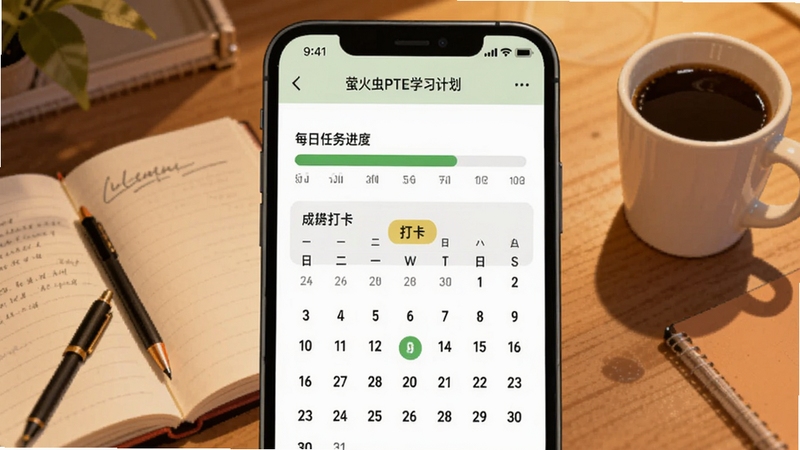 萤火虫PTE学习计划页面截图风格插画,画面中央为手机界面显示每日任务进度条与打卡日历,背景为书桌场景,有笔记本和咖啡杯,暖色调,写实与扁平结合,突出备考氛围