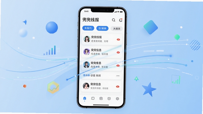 兜兜线报 应用主界面展示,画面中央是手机屏幕,显示线报信息列表与分类标签,背景为浅蓝色渐变,周围点缀简约的几何图形与数据流动线条,整体风格清爽现代,突出信息聚合与高效浏览的特点