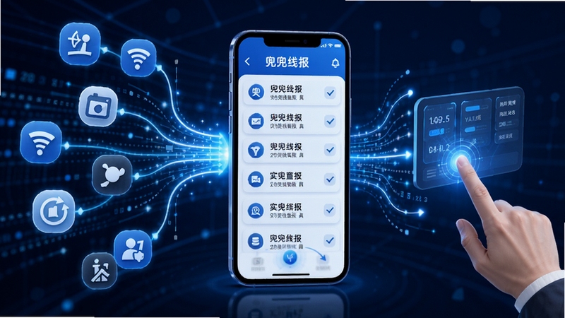 兜兜线报 实时线报聚合功能示意图,画面左侧为多个信息源图标向中央汇聚,中央是手机屏幕显示线报列表,右侧是用户手指点击屏幕获取信息,整体色调为蓝白相间,带有科技感与数据流动效果,突出信息聚合的高效性