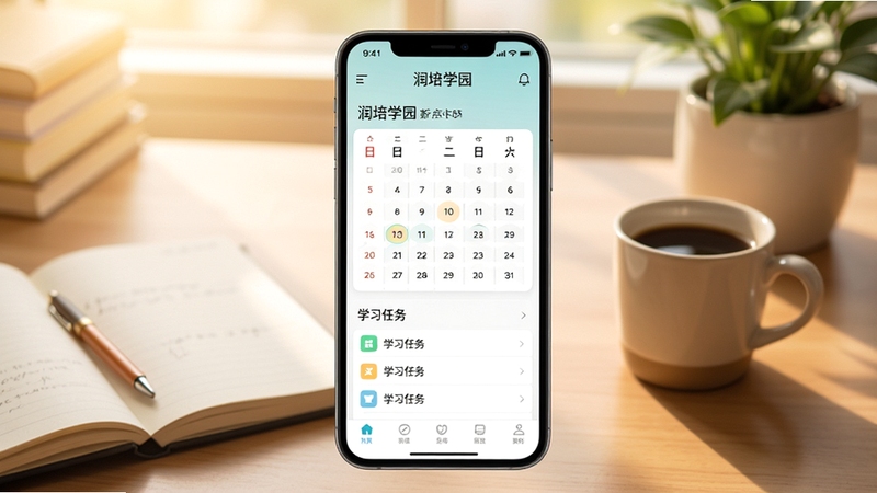 润培学园应用主界面全貌展示,画面中央为手机屏幕正视图,屏幕内呈现润培学园首页打卡日历与学习任务列表,背景区域为柔和的书桌场景,放置笔记本、咖啡杯与绿植,整体色调温暖明亮,体现学习氛围与移动应用界面细节