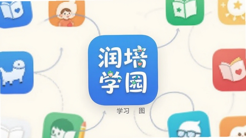 润培学园同类学习应用对比示意图,画面展示多款学习类应用图标排列于浅色背景上,中心突出润培学园图标,周围环绕其他学习工具图标,整体风格简洁明快,便于用户直观对比选择